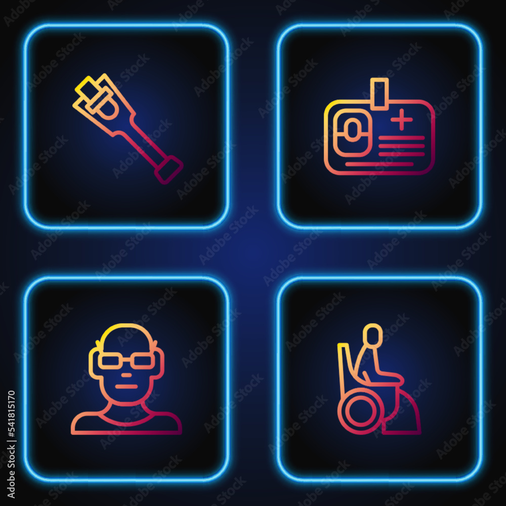 Set line Woman in wheelchair, Poor eyesight, Prosthesis leg and Identification badge. Gradient color icons. Vector Set line Woman in wheelchair, Poor eyesight, Prosthesis leg and Identification badge. Gradient color icons. Vector
