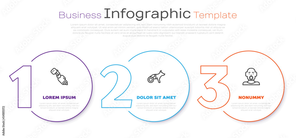 Set line Prosthesis hand, Dog in wheelchair and Head of deaf dumb. Business infographic template. Vector Set line Prosthesis hand, Dog in wheelchair and Head of deaf dumb. Business infographic template. Vector
