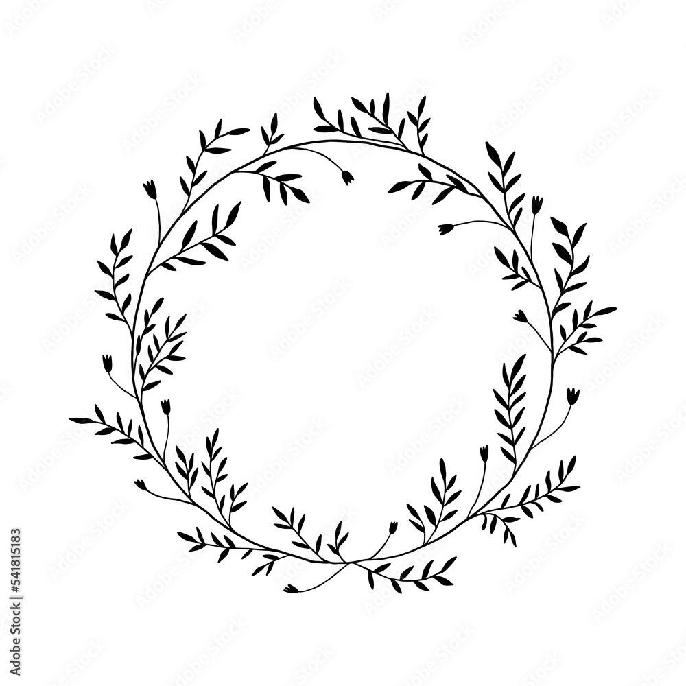Hand drawn wreaths, border frames. Elegant wreath of delicate twigs and leaves. Round frame of herbs and flowers. Hand drawn wreaths, border frames. Elegant wreath of delicate twigs and leaves. Round frame of herbs and flowers.
