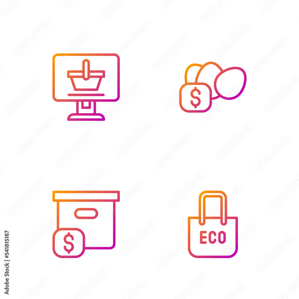 Set line Shopping bag with recycle, Carton cardboard box price, cart computer and Price tag for egg. Gradient color icons. Vector Set line Shopping bag with recycle, Carton cardboard box price, cart computer and Price tag for egg. Gradient color icons. Vector
