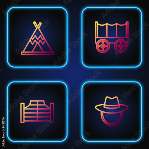 Set line Western cowboy hat, Saloon door, Indian teepee wigwam and Wild west covered wagon. Gradient color icons. Vector