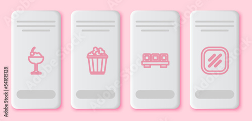 Set line Ice cream in bowl, Popcorn box, Sushi on cutting board and Steak meat. White rectangle button. Vector