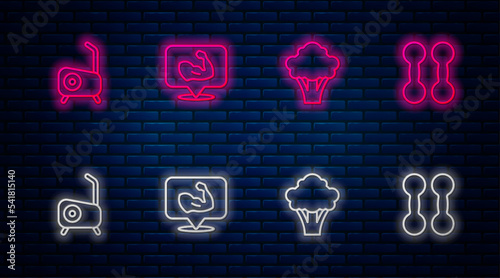 Set line Bodybuilder muscle, Broccoli, Stationary bicycle and Dumbbell. Glowing neon icon on brick wall. Vector