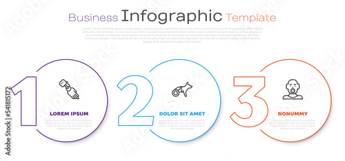 Set line Prosthesis hand, Dog in wheelchair and Head of deaf dumb. Business infographic template. Vector