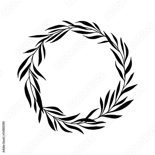 Wreath of leaves hand drawn. Laurel wreath. Floral decor. Round frame for text on the invitation.