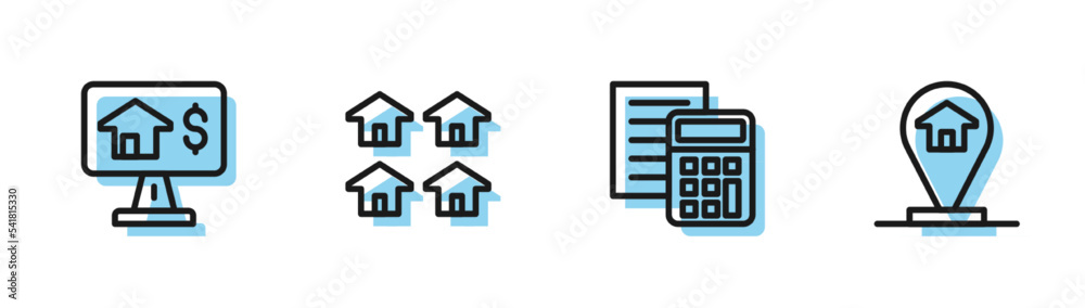 Set line Calculator, Online real estate, Real and Location house icon. Vector Set line Calculator, Online real estate, Real and Location house icon. Vector