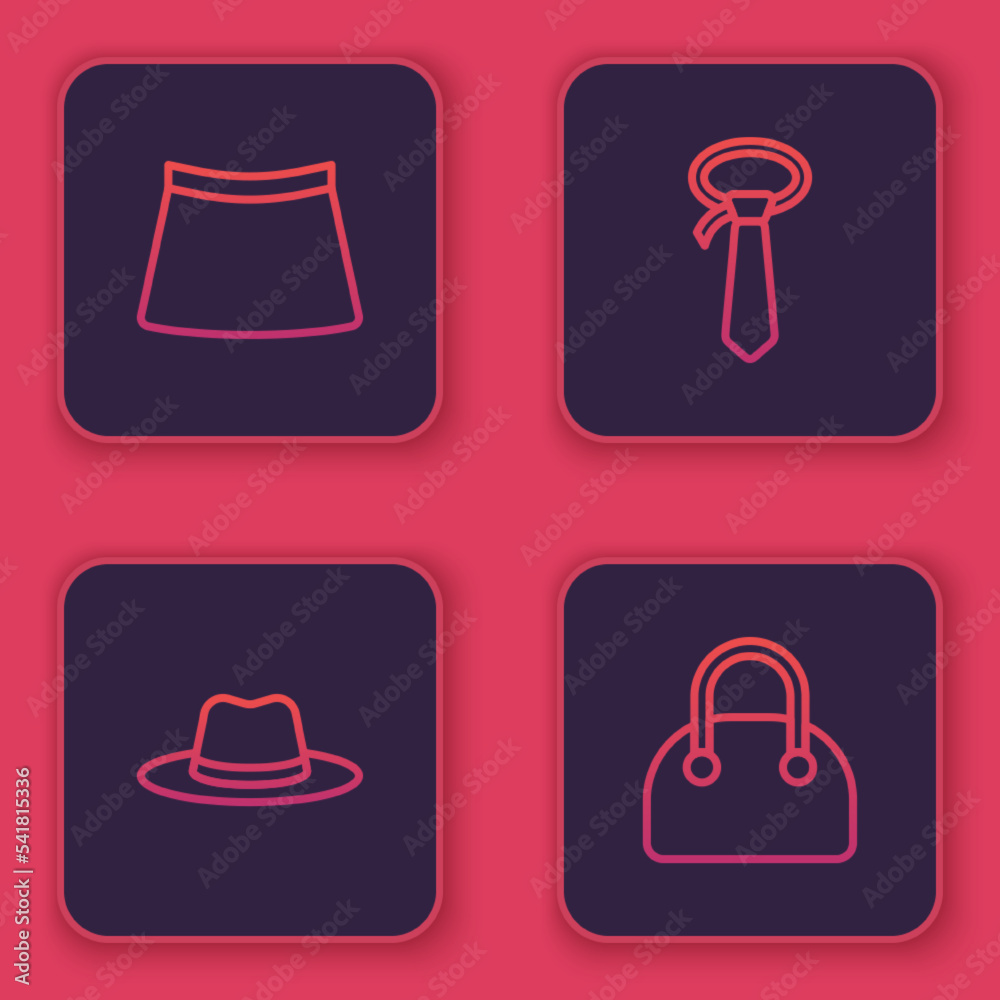 Set line Skirt, Man hat, Tie and Handbag. Blue square button. Vector Set line Skirt, Man hat, Tie and Handbag. Blue square button. Vector