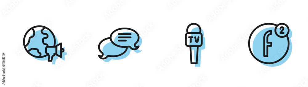 Set line Microphone, World news, Speech bubble chat and Create account icon. Vector Set line Microphone, World news, Speech bubble chat and Create account icon. Vector