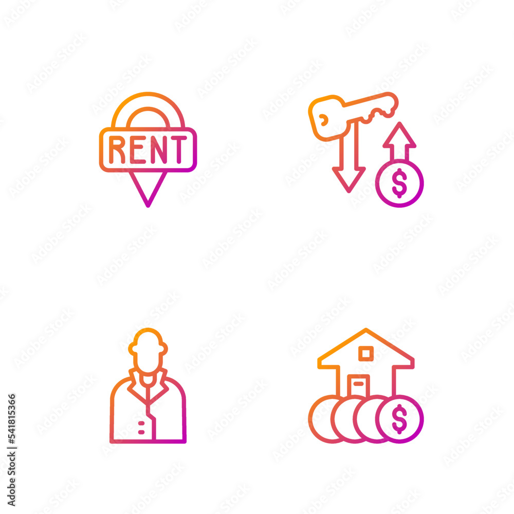 Set line House with dollar, Realtor, Location key and Rent. Gradient color icons. Vector Set line House with dollar, Realtor, Location key and Rent. Gradient color icons. Vector