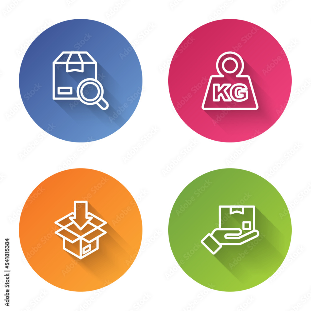 Set line Search package, Weight, Carton cardboard box and Delivery hand with. Color circle button. Vector Set line Search package, Weight, Carton cardboard box and Delivery hand with. Color circle button. Vector