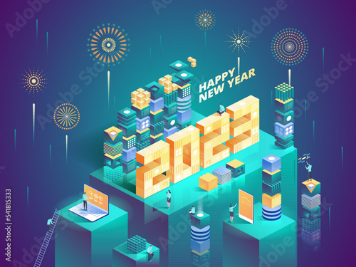 2023 Happy New Year. New innovative ideas. Digital technologies. Isometric technology for new year holiday posters and banners. Vector illustration with trendy geometric elements