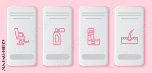 Set line Barbershop chair, Aftershave with atomizer, Shaving gel foam and Human follicle. White rectangle button. Vector