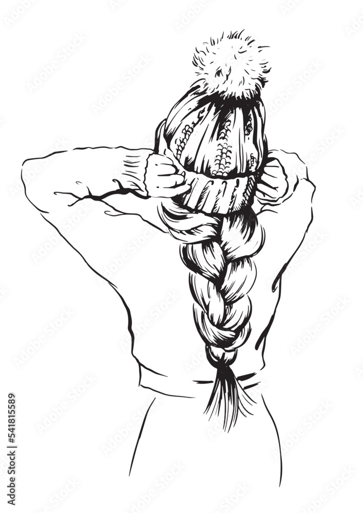 Fashion illustration of woman in winter hat with long hair Fashion illustration of woman in winter hat with long hair