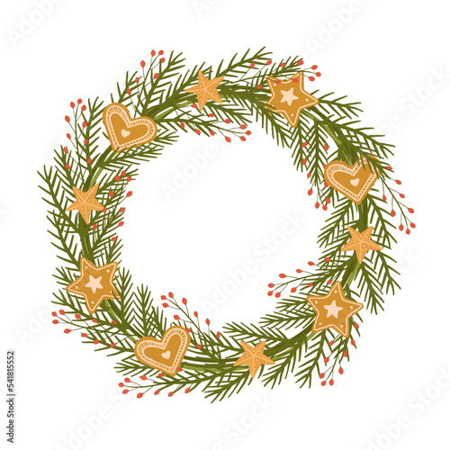 Elegant wreath of fir branches, berries and gingerbread cookies. Festive decor isolated on white background.