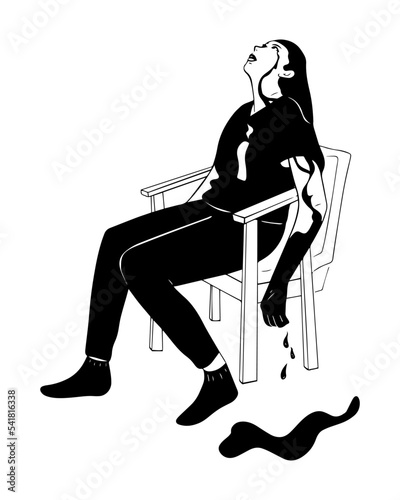 Woman in depression and grief. Feelings of guilt, loneliness, impasse, impotence, despair. Severe mental state. Vector black and white illustration isolated on white background.
