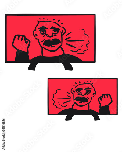 television with black propaganda. Aggressive man in TV. Black and white vector illustration isolated on white background.