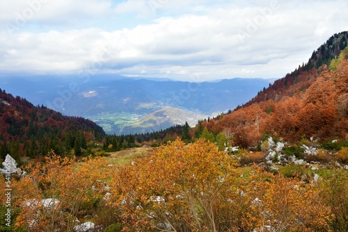 View of a valley bellow   rna Prst in Julian alps and Triglav national park  Gorenjska  Slovenia in autumn and cloud covered mountains above Bohinj