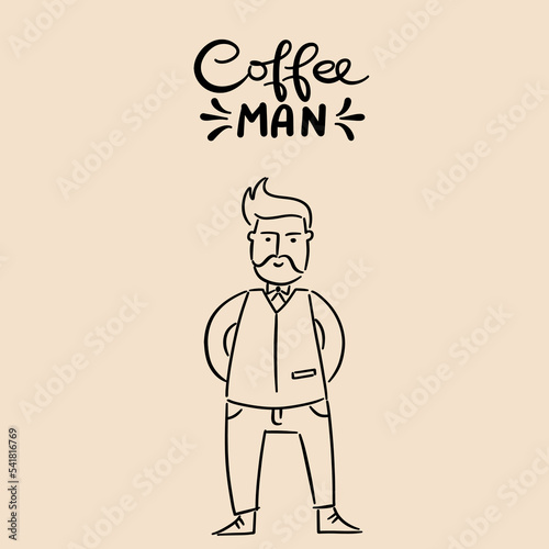 Coffee man vector logo illustration cartoon style. Simple doodle line art image.
