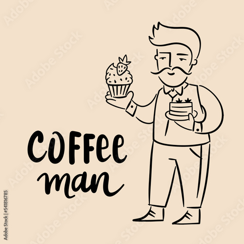 Coffee man vector logo illustration cartoon style. Simple doodle line art  image.