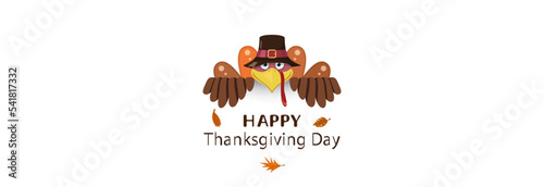 A funny turkey in a hat looks. Happy thanksgiving day.
