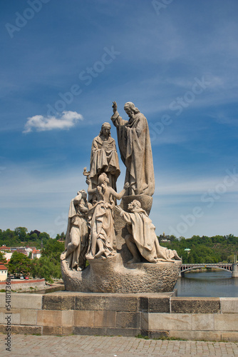 Statue of St. Cyril and St. Methodius on Charles bridge, Prague. Czech Republic. 