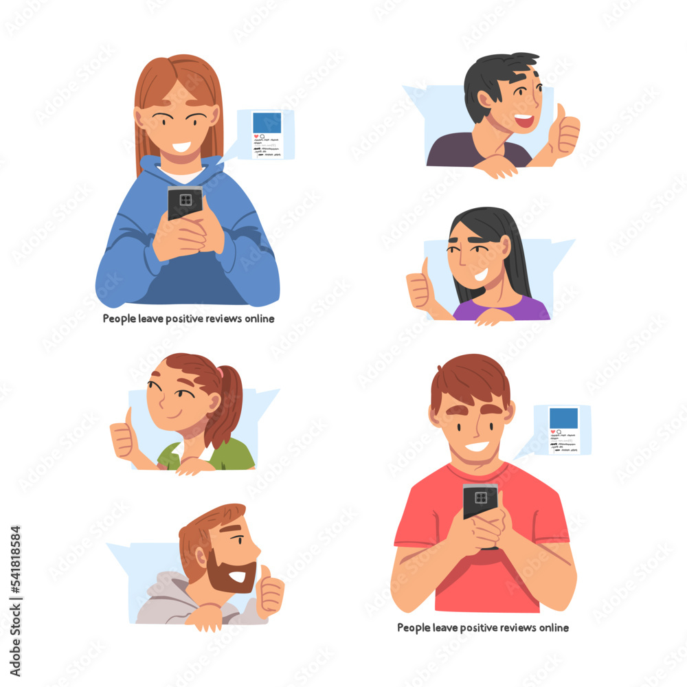 People Characters Leaving Positive Review Online Showing Adoration with Thumb Up in Speech Bubble Vector Set