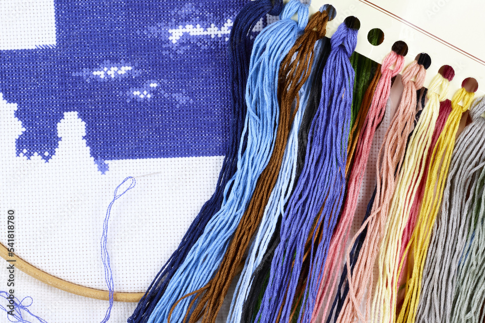 Cross stitch process. Threads, needle, hoop. Needlework and hobbies