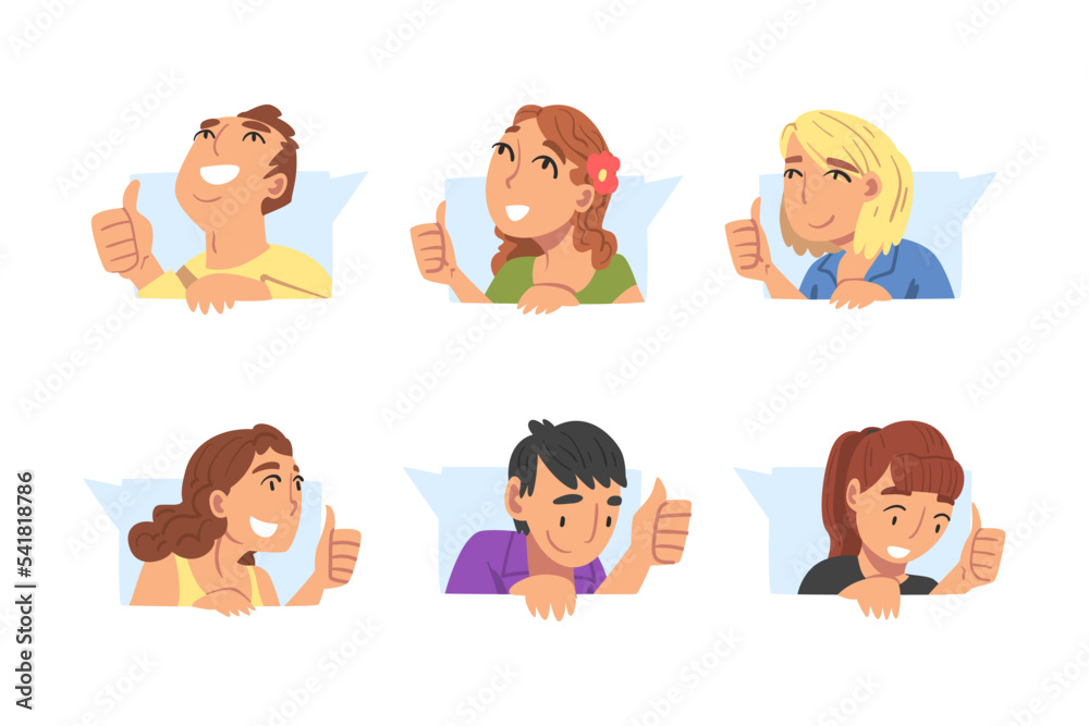 People Characters Leaving Positive Review Online Showing Adoration with Thumb Up in Speech Bubble Vector Set People Characters Leaving Positive Review Online Showing Adoration with Thumb Up in Speech Bubble Vector Set