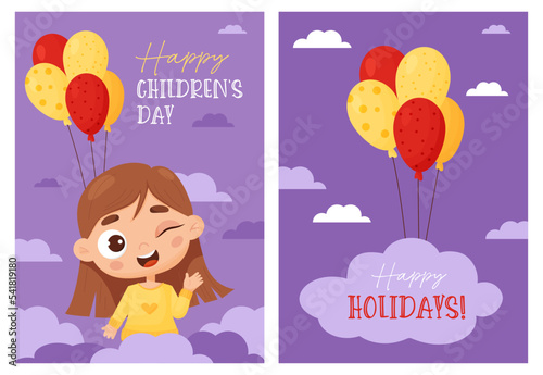 Set holiday cards Happy Childrens Day. Cute winking girl with balloons on purple background. Vector illustration in cartoon style. Vertical template for greeting cards, design, posters, print.