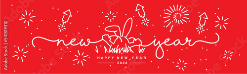 Happy new year 2023 chinese year of the rabbit. Rabbit in the center of the New Year 2023 celebration with big fireworks on a red background