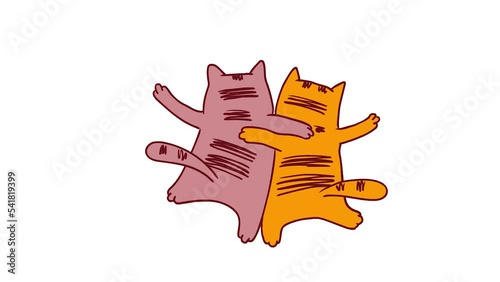 Two cats swing to the sides. Cheerful friends. Drawn 2D animation. A party. Meeting of friends. Holiday. Good mood. The action of alcohol. Pets. Kittens. White background.