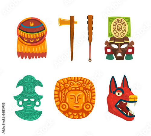 Maya Civilization Ethnic Symbols with Ornamental Plate, Carved Mask, Hatchet and Wolf Head Vector Set