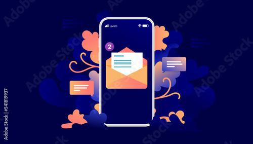 Phone email - Smartphone screen with e-mail envelope and decorative floral design elements. Vector illustration with dark background