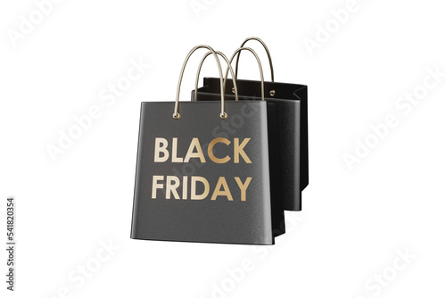 Black bags with gold inscription Black Friday. Sales and shopping bags 3d render.
