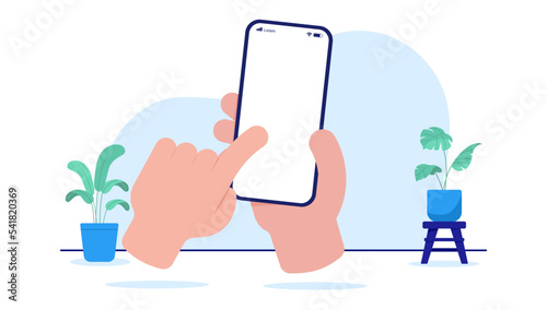 Using phone - Vector illustration of hand holding mobile phone and finger on touchscreen. Template mockup with blank empty screen. Flat design with white background