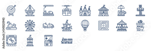 Collection of icons related to Amusement park and games, including icons like Archery, boat, Castle and more. vector illustrations, Pixel Perfect set