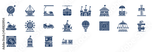 Collection of icons related to Amusement park and games, including icons like Archery, boat, Castle and more. vector illustrations, Pixel Perfect set