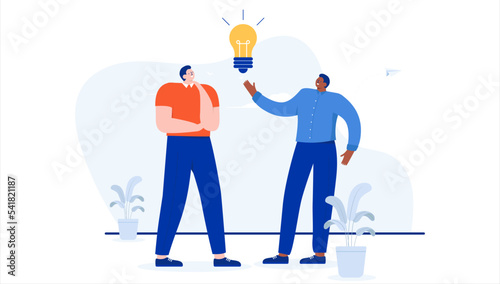 Idea - Two men in office working on ideas with lightbulb. Flat design cartoon vector illustration with white background