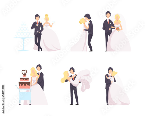 Newlyweds Couple as Just Married Male and Female in Wedding Dress and Suit Cutting Cake and Dancing Vector Set