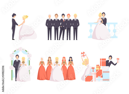 Newlyweds Couple as Just Married Male and Female in Wedding Dress and Suit Vector Set