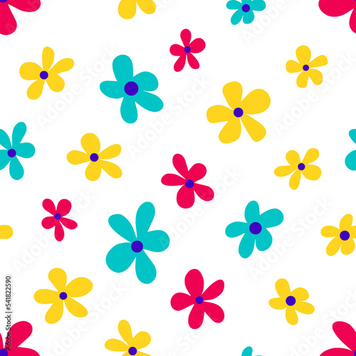 illustration of minimalist style bright multicolored flowers forming seamless pattern on white background © Tatyana Olina