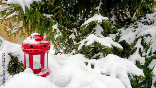 Red lantern on branches of spruce covered with snow