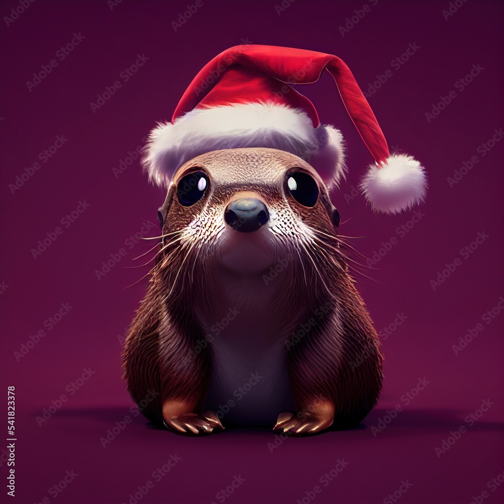 Cute sea otter with christmas hat on created with generative AI