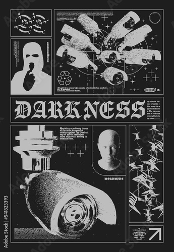 Retro futuristic poster with surveillance camera. Print in techno style, for streetwear, print for t-shirts and sweatshirts on a black background