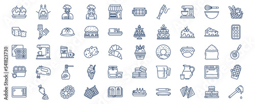 Collection of icons related to Baking and Bakery, including icons like Cake, Apron, Baking tray and more. vector illustrations, Pixel Perfect set