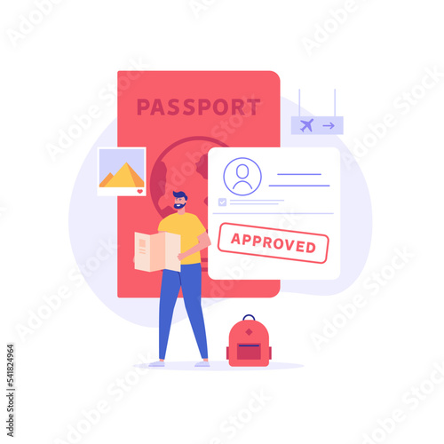 Concept of tourist visa, travel, approved visa, tourist guide. Young man tourist with guide map visits world attractions and landmarks. Traveling abroad with foreign passport. Vector illustration