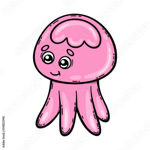 Cute pink jellyfish. Sea animal in cartoon style. Vector illustration isolated on white background.
