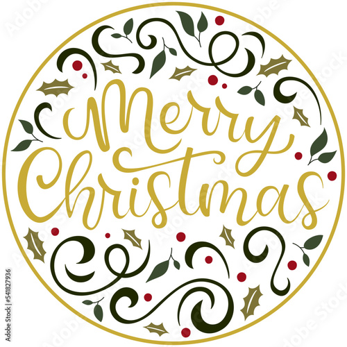 Merry Christmas diseño circular de tarjeta de Navidad con colores dorado verdes rojo y ornamentos.