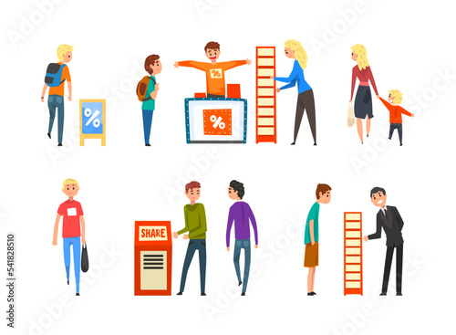 Man Promoter Advertising Products or Services to Passerby at Trade Show Vector Set