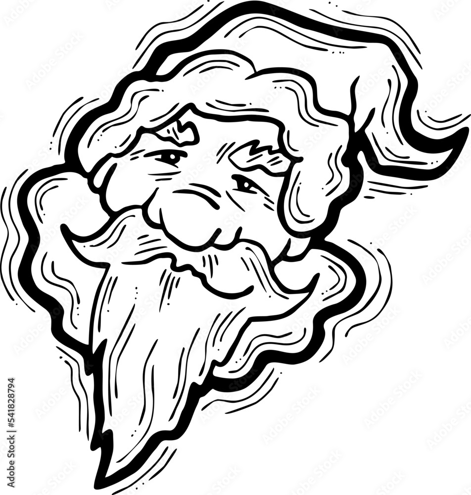 Obraz premium Funny Santa Claus face, hand drawn cartoon character, comic personage vector illustration. Decorative element, poster print, Christmas party invitation, postcard design. Traditional winter celebration